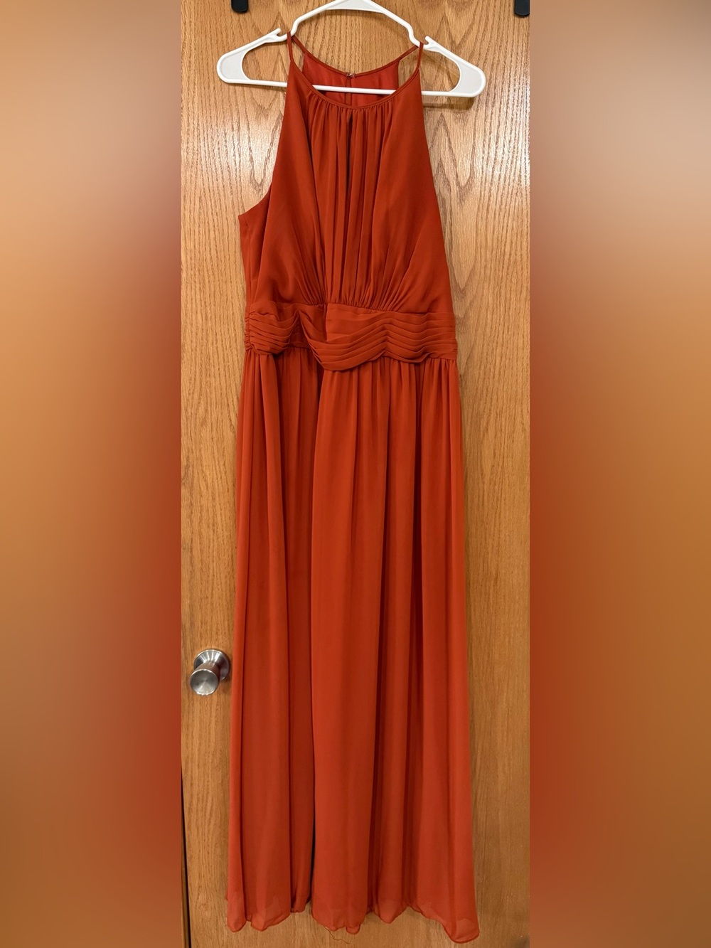 David's Bridal Burnt Orange Halter Pleated Waist Maxi Dress